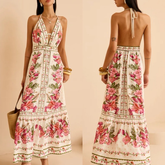 Commense Dresses & Skirts - COMMENSE Pink Green Floral Print Halter Open Back Maxi Dress NWT